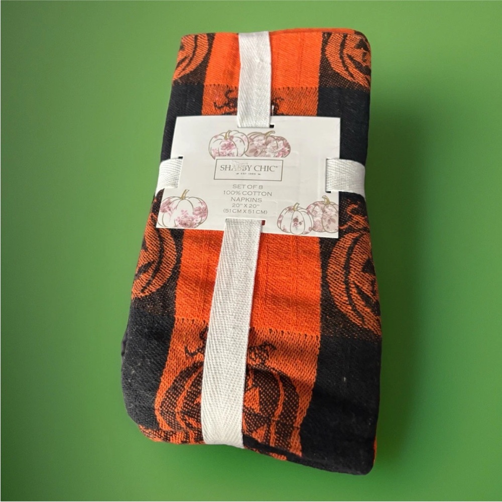 NEW 8 Cotton Napkins Black & Orange Halloween Pumpkin Jack O'Lantern SHABBY CHIC
